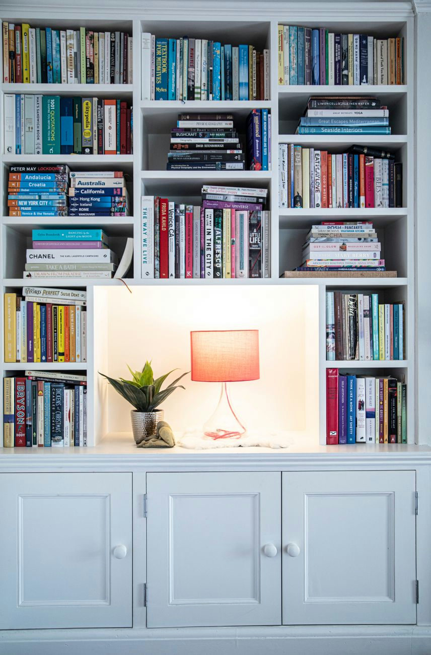 Stylish bookshelf arrangement featuring a lamp and plant for a cozy indoor setting.