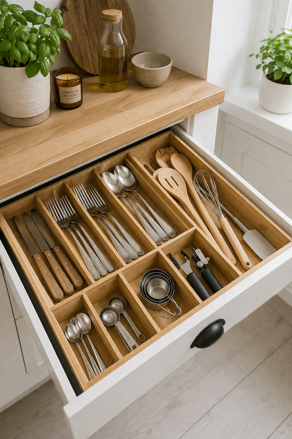 Open drawer showing tidy kitchen cutlery.